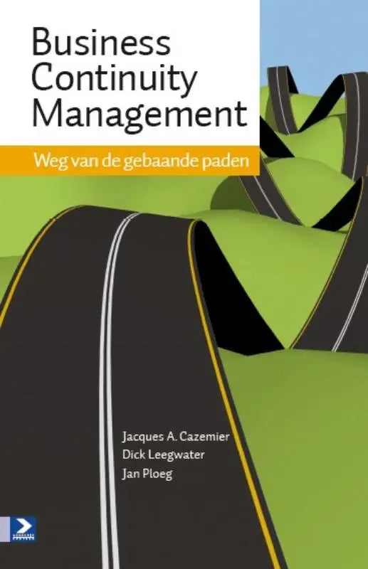 De boekomslag toont een gestileerde illustratie van kronkelige wegen op groene heuvels met de titel business continuity management
