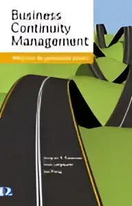 De boekcover business continuity management toont zwarte tekst op witte achtergrond met wegen en groene heuvels