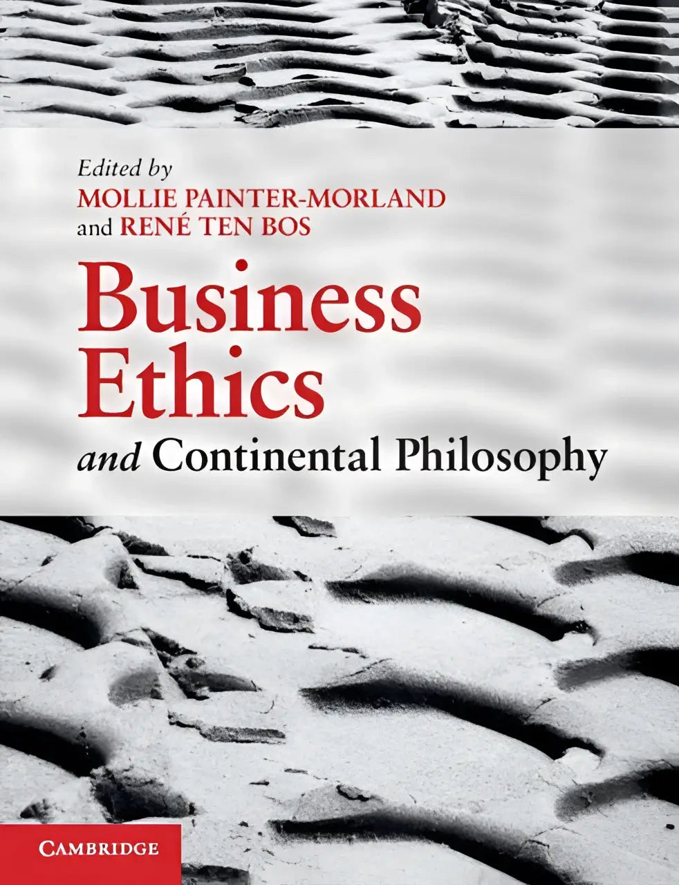 De boekcover van business ethics and continental philosophy toont de titel in rood op een zwart-witte achtergrond met een textuur als gebarsten aarde, bewerkt door mollie painter-morland en rené ten bos