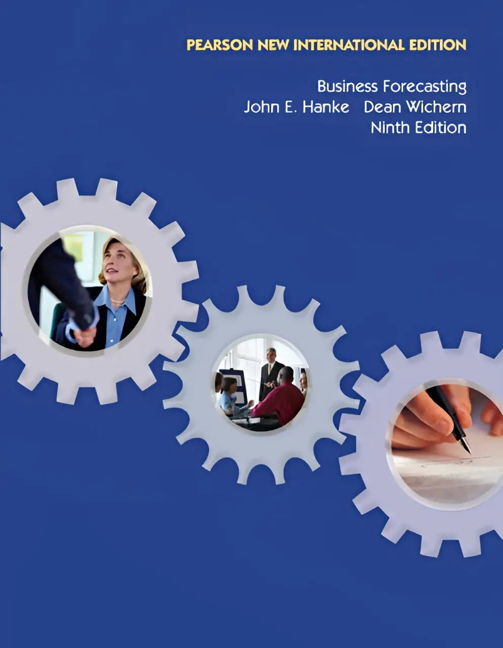 Blauw boek cover met witte tandwielillustraties en cirkelvormige zakelijke foto’s business forecasting pearson new international edition