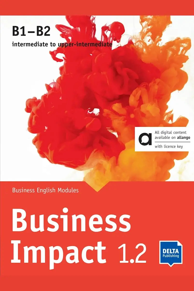 Rood en oranje inktzwieringen domineren de cover van het delta publishing business impact b1–b2 hybride editie leerboek