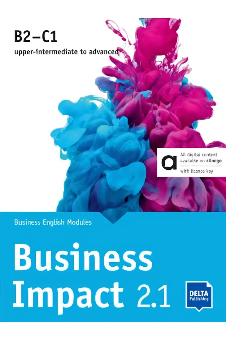 Business impact 2.1 b2–c1 business english textbook with vibrant blue and pink ink splashes on the cover by delta publishing