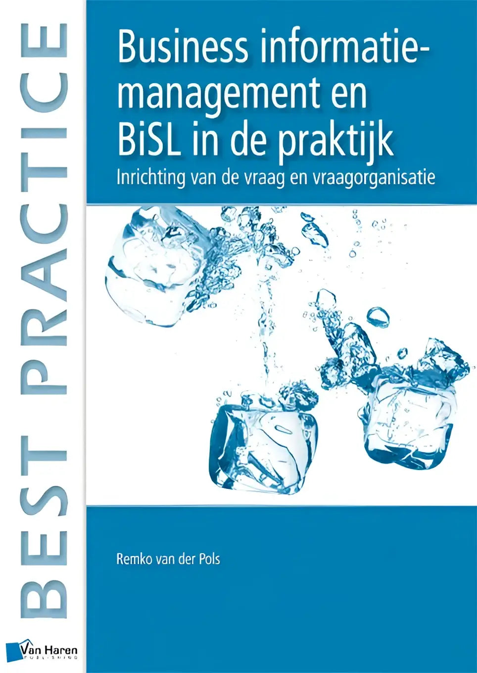 Blauw boek business informatie management en bisl in de praktijk met illustratie van ijsblokjes splash voor informatie management