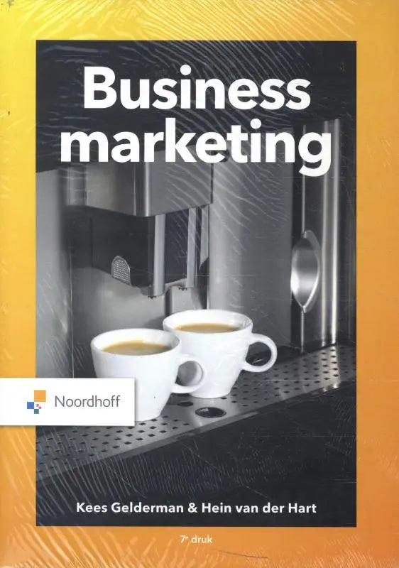 De omslag van het business marketing leerboek van Kees Gelderman met een zilveren espressomachine en twee witte kopjes
