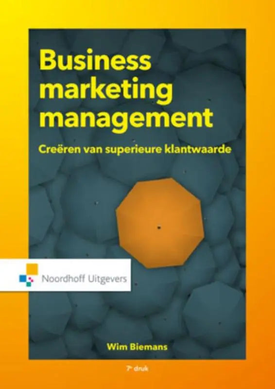Oranje achthoekige paraplu centraal geplaatst op een donkere geometrische achtergrond voor business marketing management wim biemans