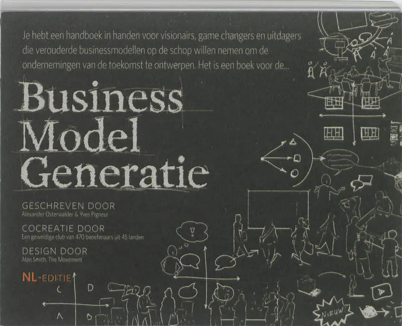 Zakelijk boek business model generatie met zwarte omslag en witte krijtstijl illustraties en tekst