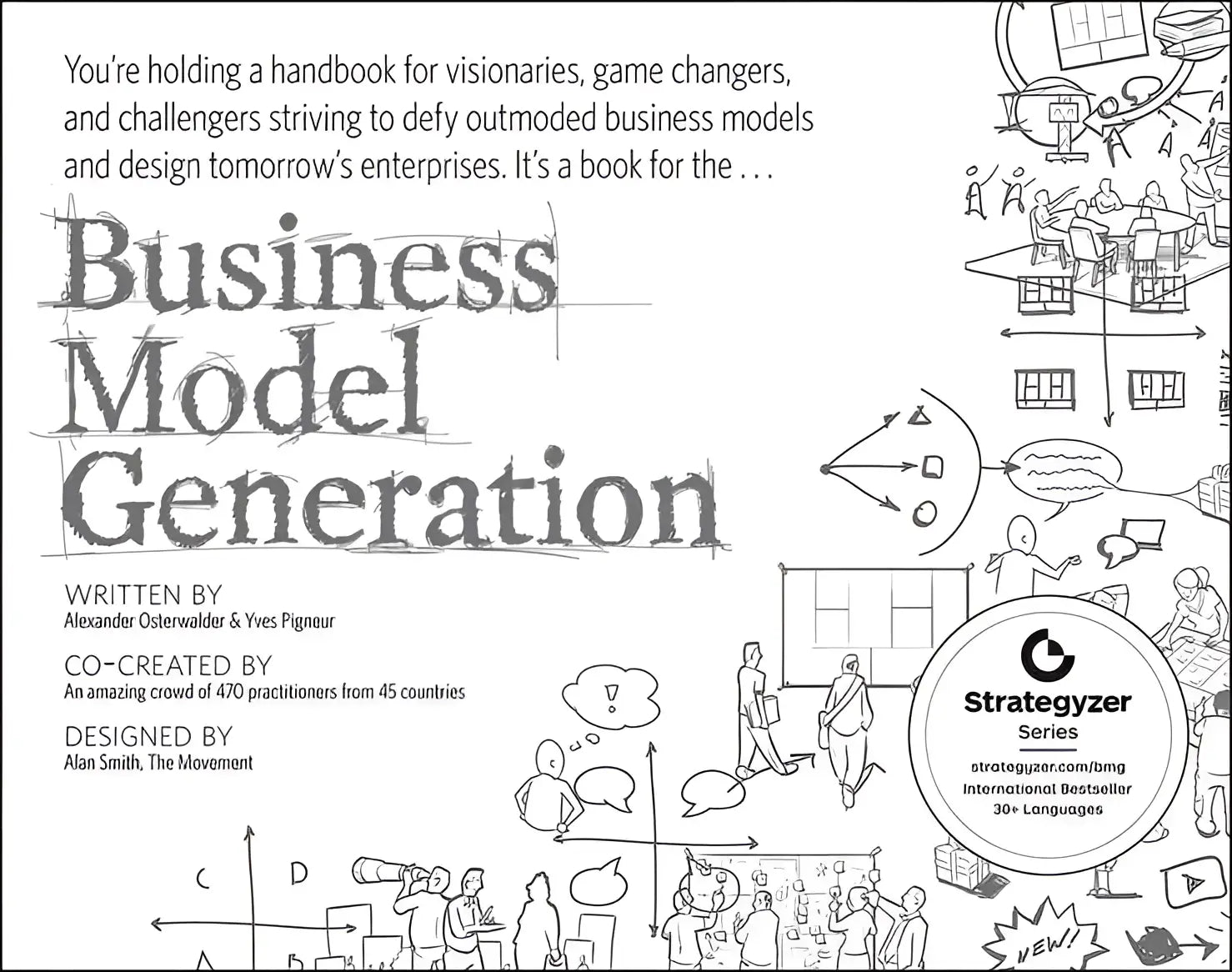Zwart-witte geïllustreerde cover van het boek business model generation uit de strategyzer serie voor business model generatie