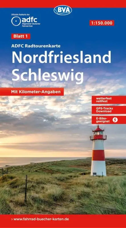 BVA ADFC Radtourenkarte Nordfriesland, Schleswig 1:150.000 - reiß- und wetterfest, E-Bike geeignet, GPS-Tracks Download