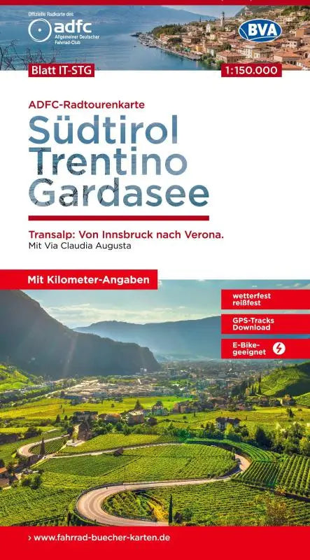 BVA ADFC Radtourenkarte Südtirol, Trentino, Gardasee 1:150.000 - reiß- und wetterfest, E-Bike geeignet, GPS-Tracks Download, mit Bett+Bike Symbolen, mit Kilometer-Angaben, Transalp: Von Innsbruck bis Verona. Mit Via Claudia Augusta