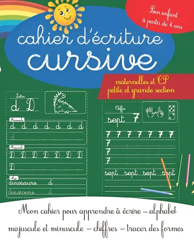 Groen cursus d’écriture cursive maternelles met regenboog en zon illustratie en letters en cijfers om te traceren