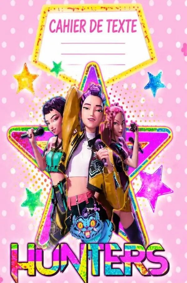 Pink polka-dot notebook cover for kpop demon hunters organisateur scolaire pour enfants with animated characters and glitter stars