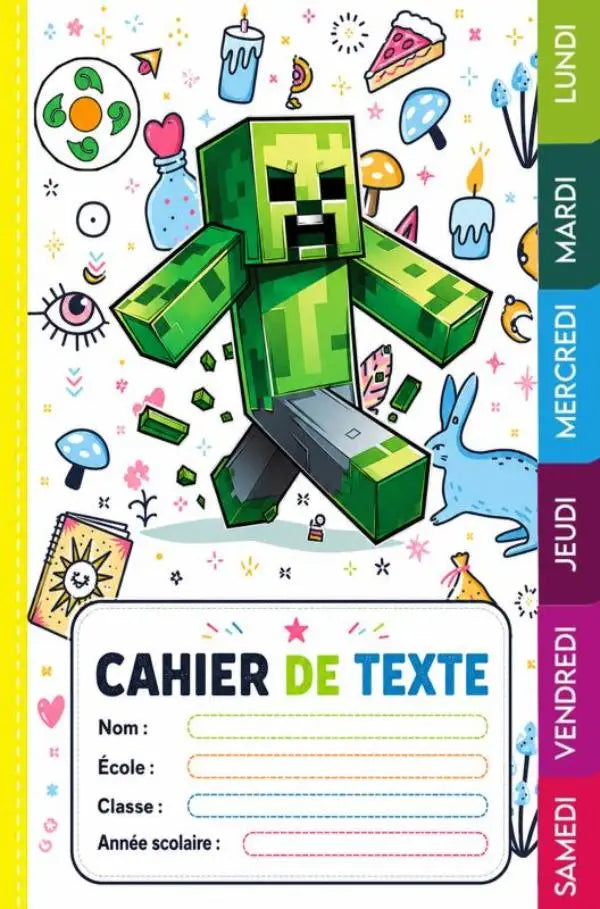 Cahier de texte minecraft 2026-2027 avec personnage creeper vert pixelisé, devoirs complet pour enfants et organisation scolaire