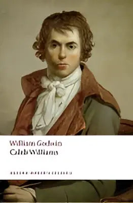 De boekomslag van caleb williams toont een portret van william godwin in 18e-eeuwse stijl met titel en naam