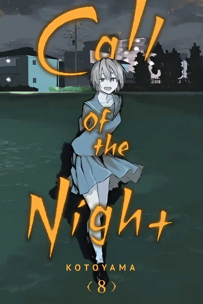 De cover van call of the night vol 8 manga door kotoyama toont een anime meisje met zilver haar en blauwe jurk voor een donkere stad