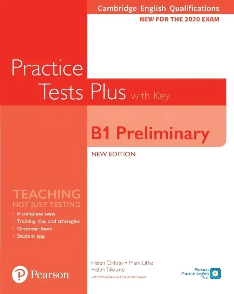 Rood-wit omslag van practice tests plus with key b1 preliminary engels examenvoorbereidingsboek van pearson voor cambridge english qualifications