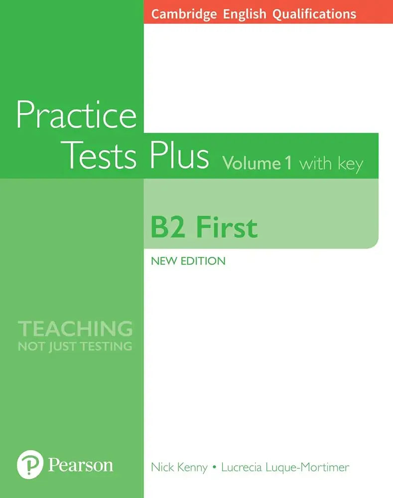 Groene cambridge english qualifications b2 first practice tests plus textbook met witte tekst en rode banner voor examens