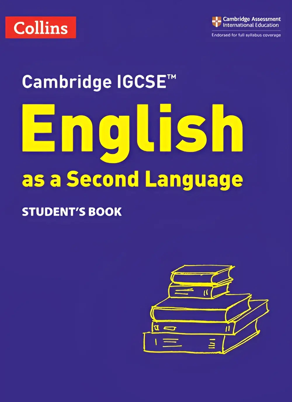 Collins cambridge igcse english as a second language student’s book third edition met gele tekst op diepblauwe kaft en gestapelde boeken lijntekening