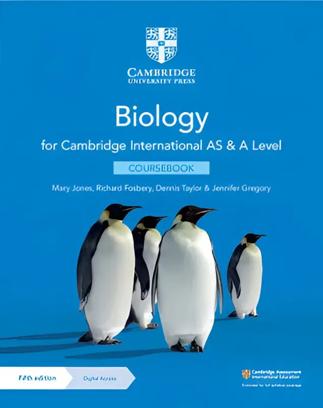 Cambridge international AS & A level biology coursebook with digital access 5ed met blauwe omslag en pinguïnillustratie