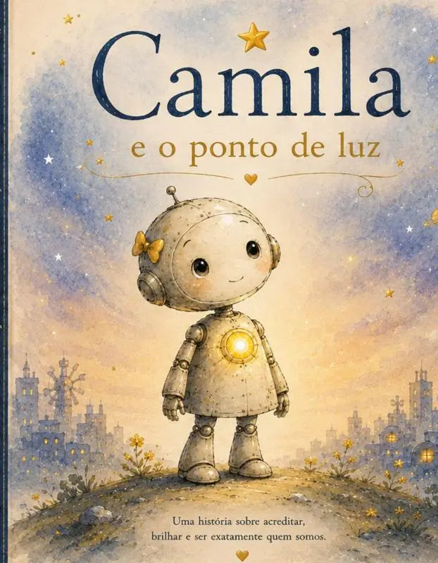 Een charmante lichtbeige robot met een gele strik en een gloeiende gouden cirkel op de borst tegen een sterrenhemel, ideaal voor jonge lezers in Camila e o Ponto de Luz