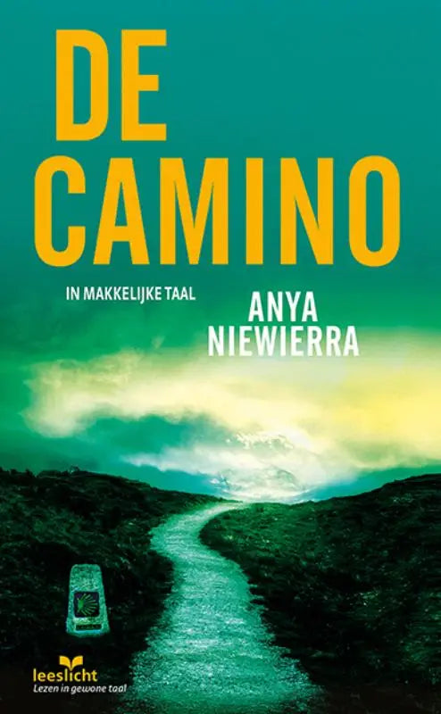 De Camino boekcover met titel in geel en een pad naar heuvels tegen een teal groene lucht