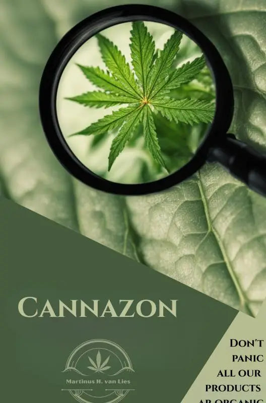 Een zwart vergrootglas benadrukt een felgroen cannabisblad met getande randen in het product Cannazon