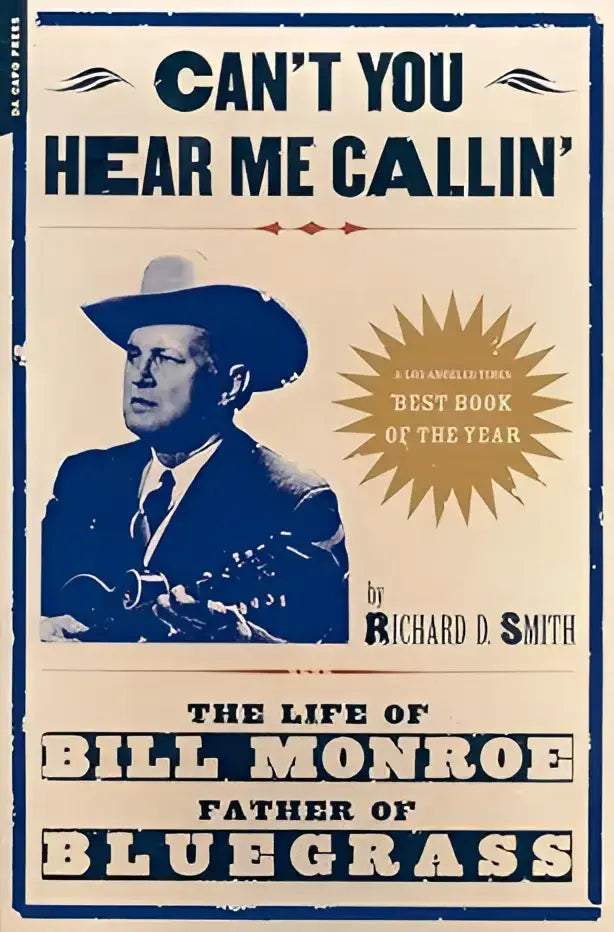 Blauw en crèmekleurig boek met portret van bill monroe in cowboyhoed met gitaar over zijn leven als vader van bluegrass