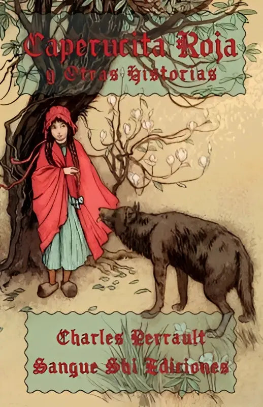 Boekcover van caperucita roja y otras historias met rode mantel, wolf en boomillustratie van klassieke sprookjes