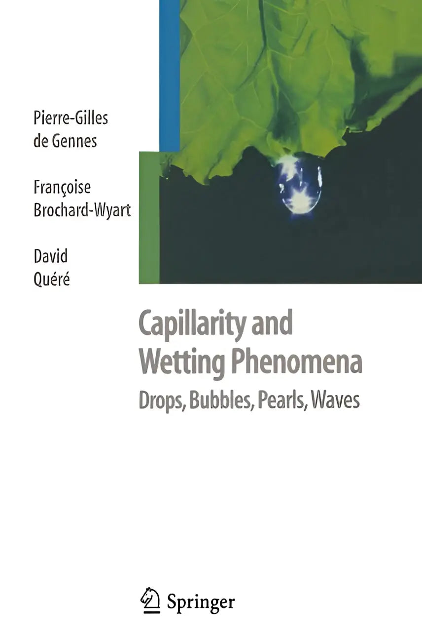 De kaft van het boek capillarity and wetting phenomena toont een groene blad met een waterdruppel tegen een donkere achtergrond