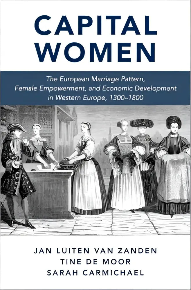 The book cover of capital women features a black and white illustration of men and women in historical european attire