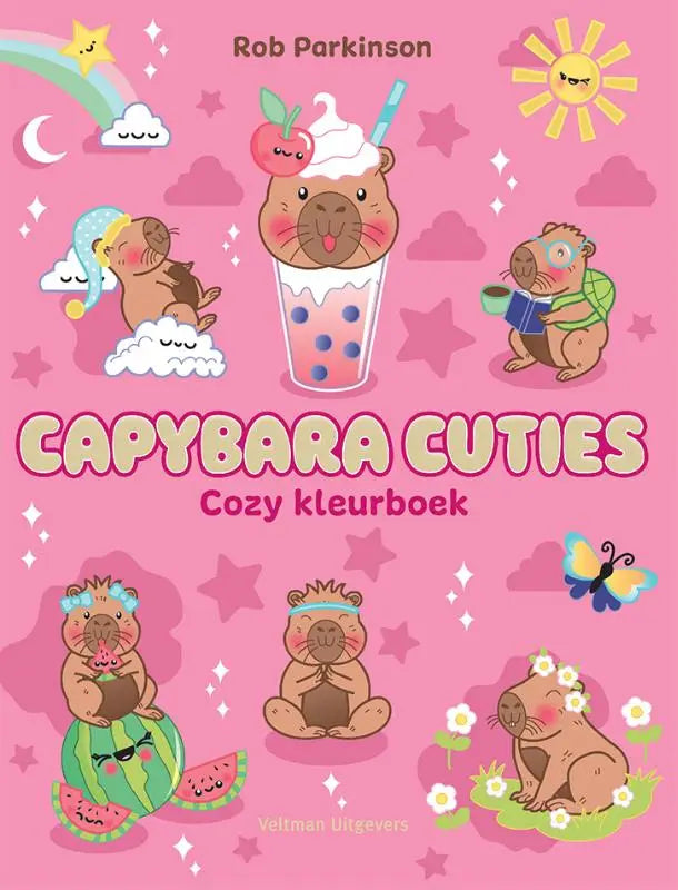 Roze coverring van het capybara cuties cozy kleurboek met schattige cartoon capibara in verschillende fantasierijke scènes