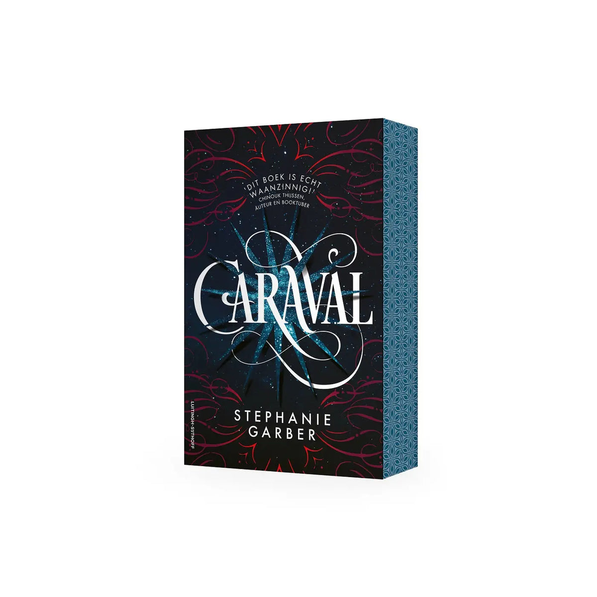 Donkerblauw hardcover boek caraval door stephanie garber met sterpatroon en rode sierlijke details voor reeks caraval