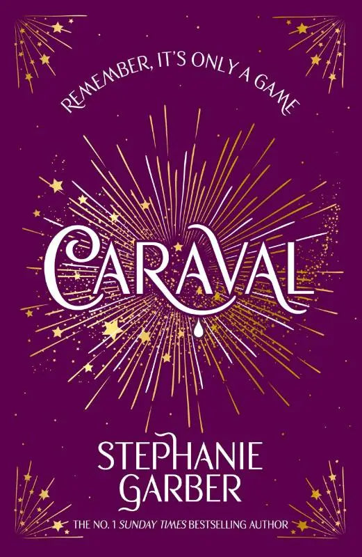 Paars boekomslag caraval van stephanie garber met gouden stervormige ontwerp voor de magische en meeslepende wereld van caraval