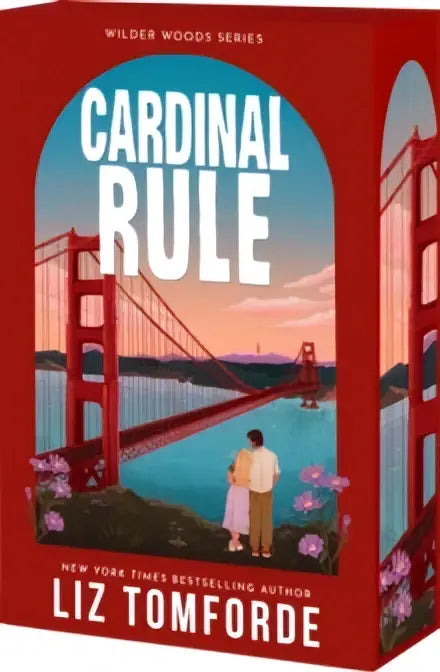 Rood hardcover boek cardinal rule van liz tomforde met illustratie van de gouden poortbrug en twee figuren