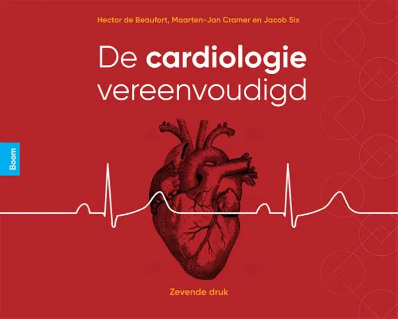 Rood boek cardiologie vereenvoudigd met gedetailleerde anatomische illustratie van menselijk hart en ecg-lijn