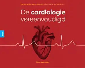 De cardiologie vereenvoudigd boekcover met rode achtergrond, witte tekst, hartillustratie en ekg-lijn door maarten-jan cramer voor hoger onderwijs