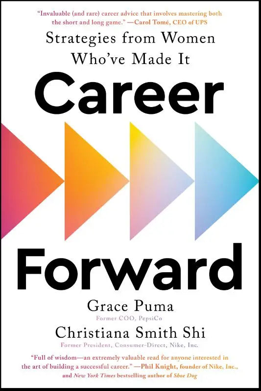 De omslag van career forward toont opvallende zwarte tekst en kleurrijke gradient pijlen met strategieën van vrouwen