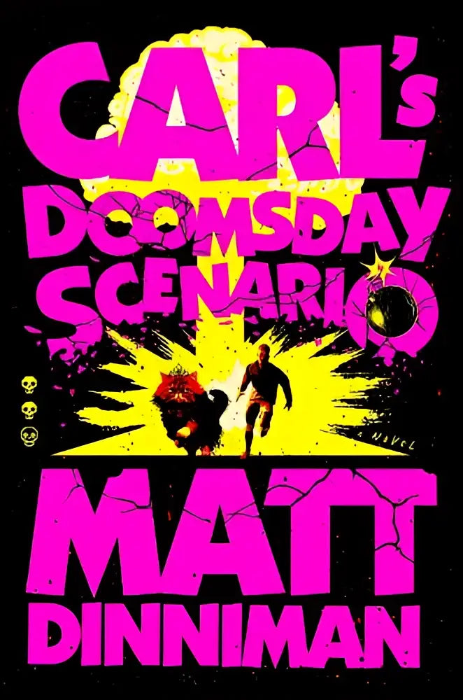 Roze gebarsten tekst carl’s doomsday scenario door matt dinniman op zwarte achtergrond voor dungeon crawler carl 2