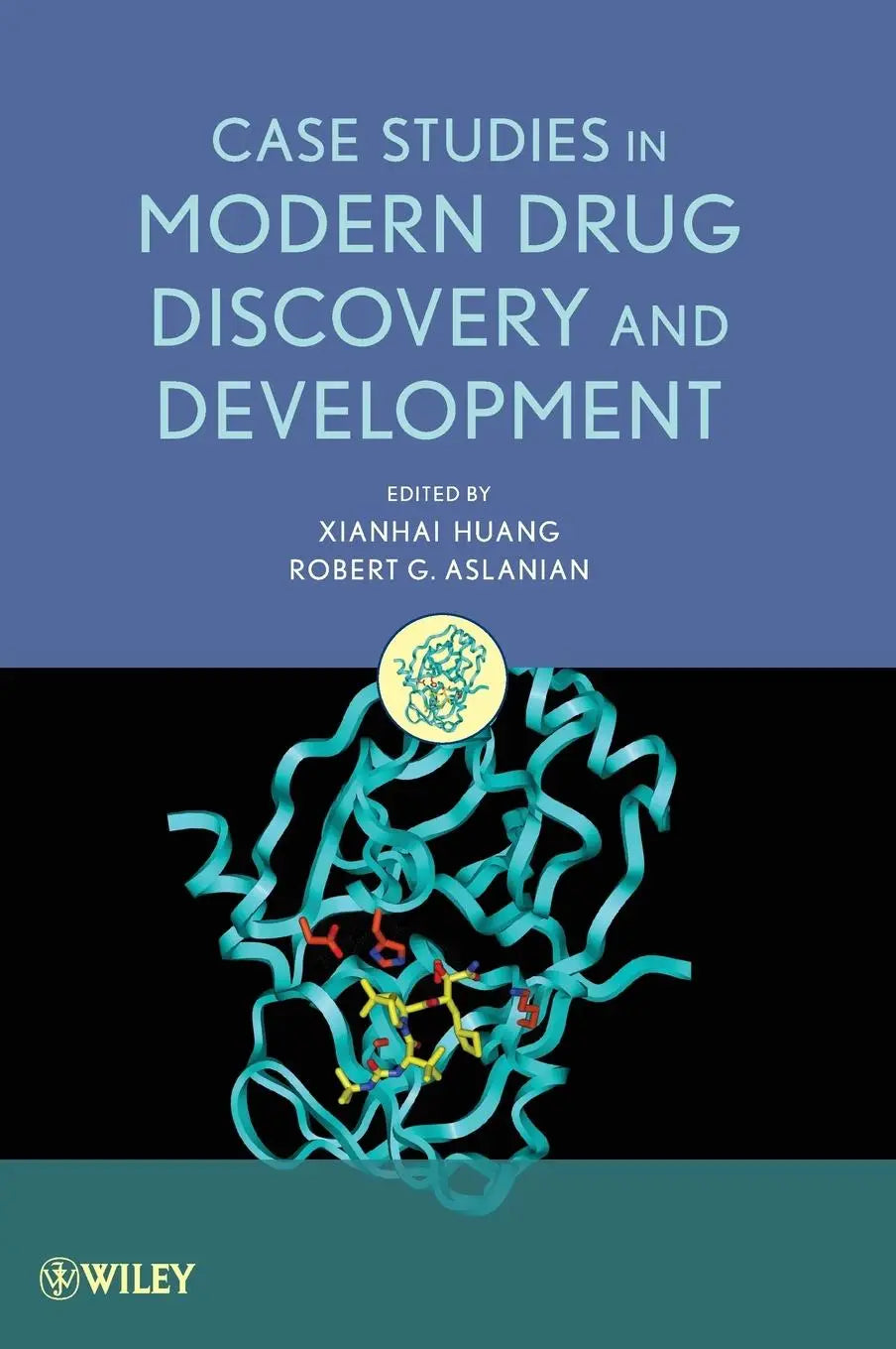 Boekcover met wetenschappelijke illustratie van eiwitstructuur en tekst case studies in modern drug discovery en development