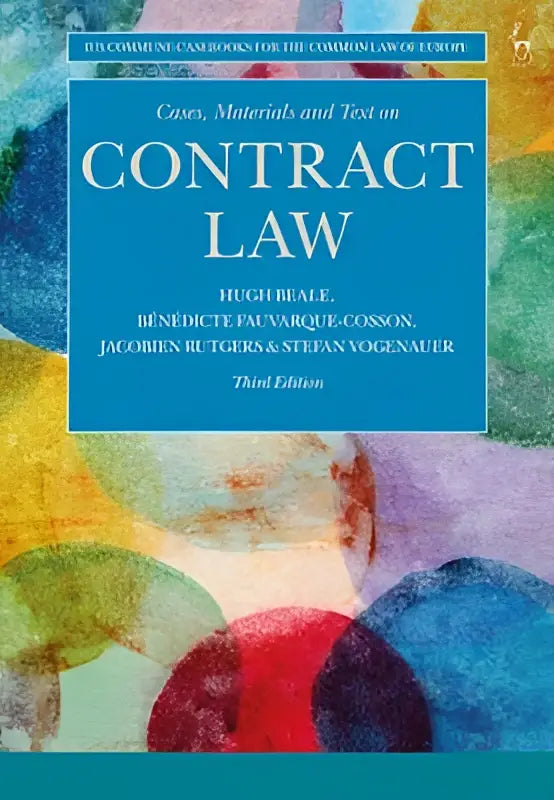 Blauw hardback boek cases materials and text on contract law met kleurrijke abstracte illustratie op de omslag