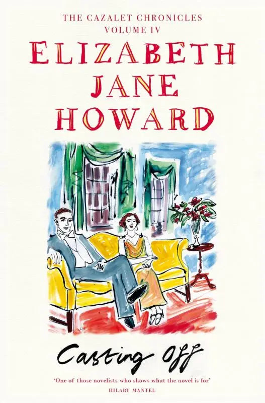 Boekomslag van Casting Off door Elizabeth Jane Howard met gestileerde illustratie van twee mensen op geel meubilair