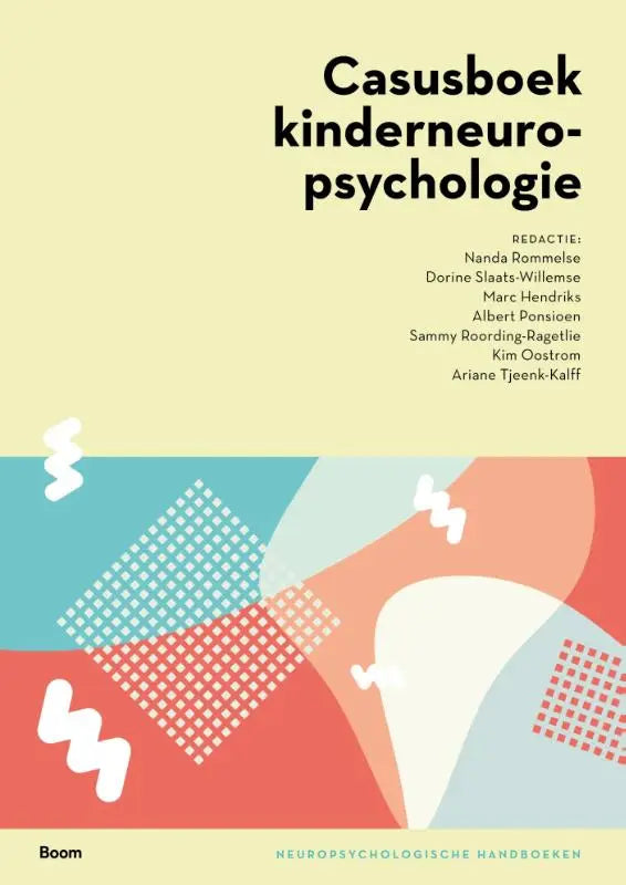 De cover van het casusboek kinderneuropsychologie toont een modern abstract ontwerp met geometrische vormen in teal, koraal en crème
