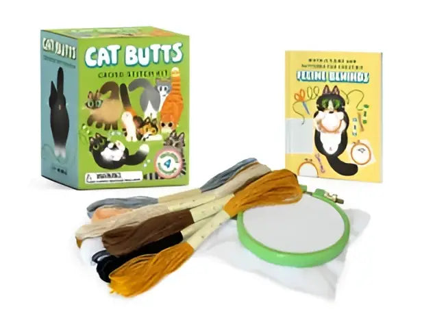 Cat butts cross-stitch kit with colorful embroidery floss and a green hoop includes 4 patterns for butts cross-stitch