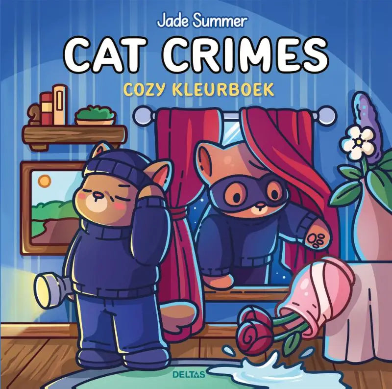 Cozy kleurboek cat crimes met blauwe en rode omslag en twee cartoonkatten in detectivekleding voor jonge lezers