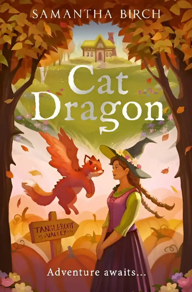 De kinderboekcover cat dragon van samantha birch toont een oranje gevleugelde katdraak en een meisje onder herfstbomen