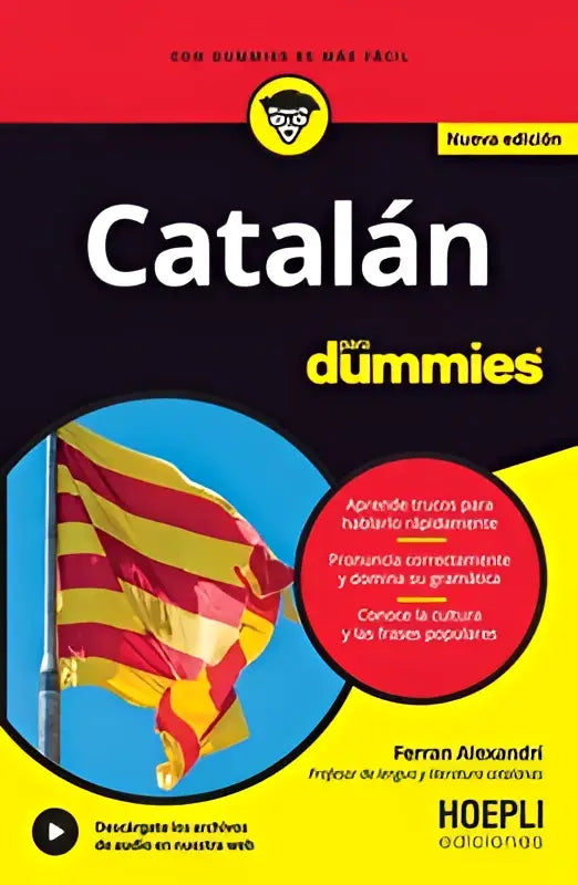 Catalan para dummies leerboek met een rood en geel omslag en de catalonië vlag voor het leren van de catalan para