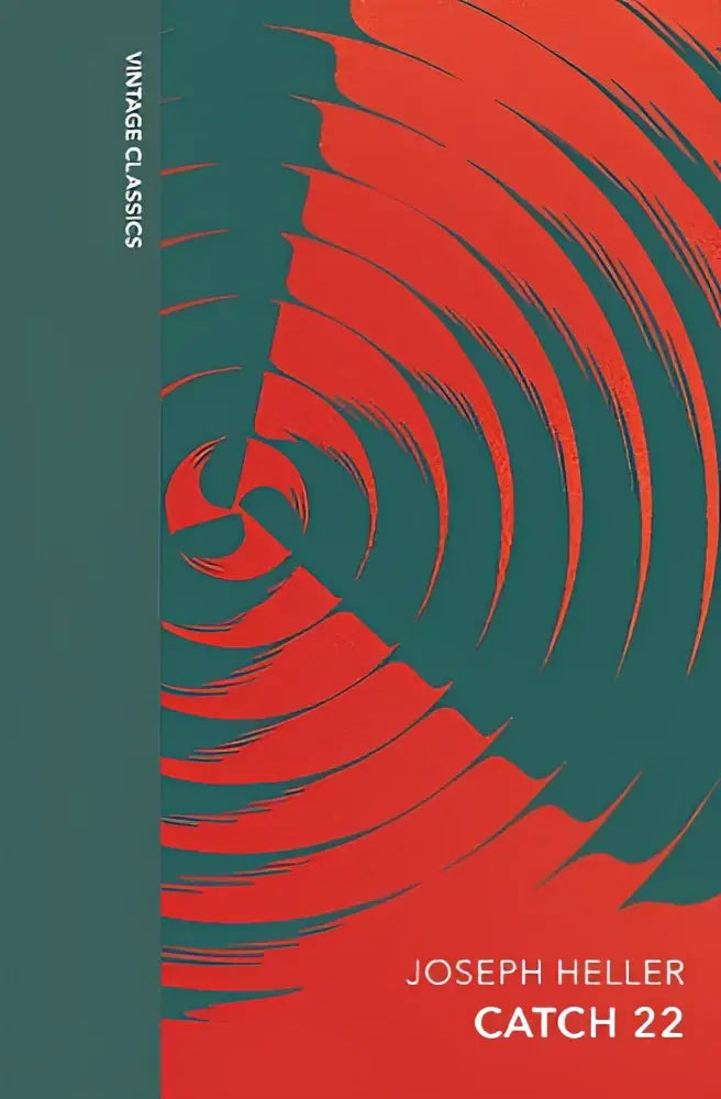 Rode en turquoise abstracte golfpatroon boekomslag voor catch-22 speciale editie van wereld oorlog twee roman