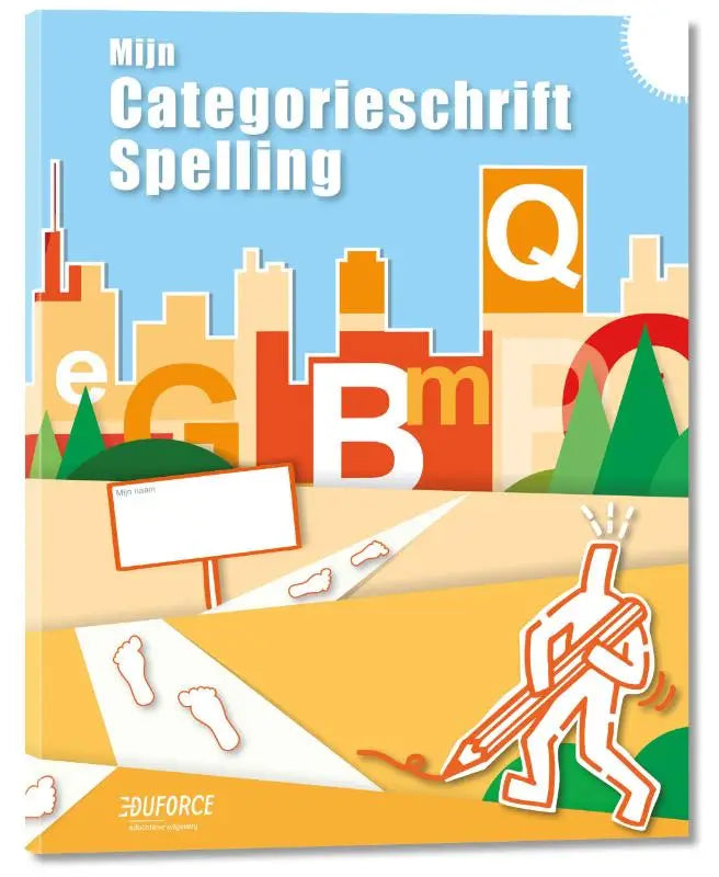 Brightly colored children’s categorieschrift spelling workbook titled mijn categorieschrift spelling with bold playful letters and cartoon holding pencil
