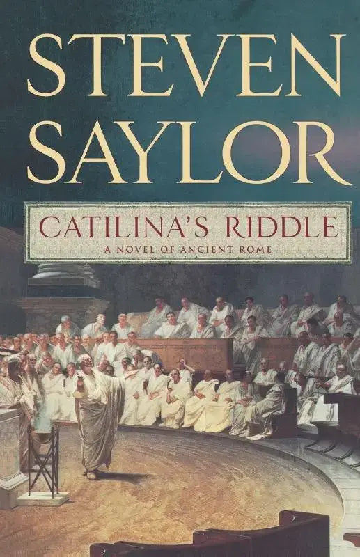 Boekcover van Catilinas riddle met dramatische illustratie van oudromeinse senaatszaal en gouden letters