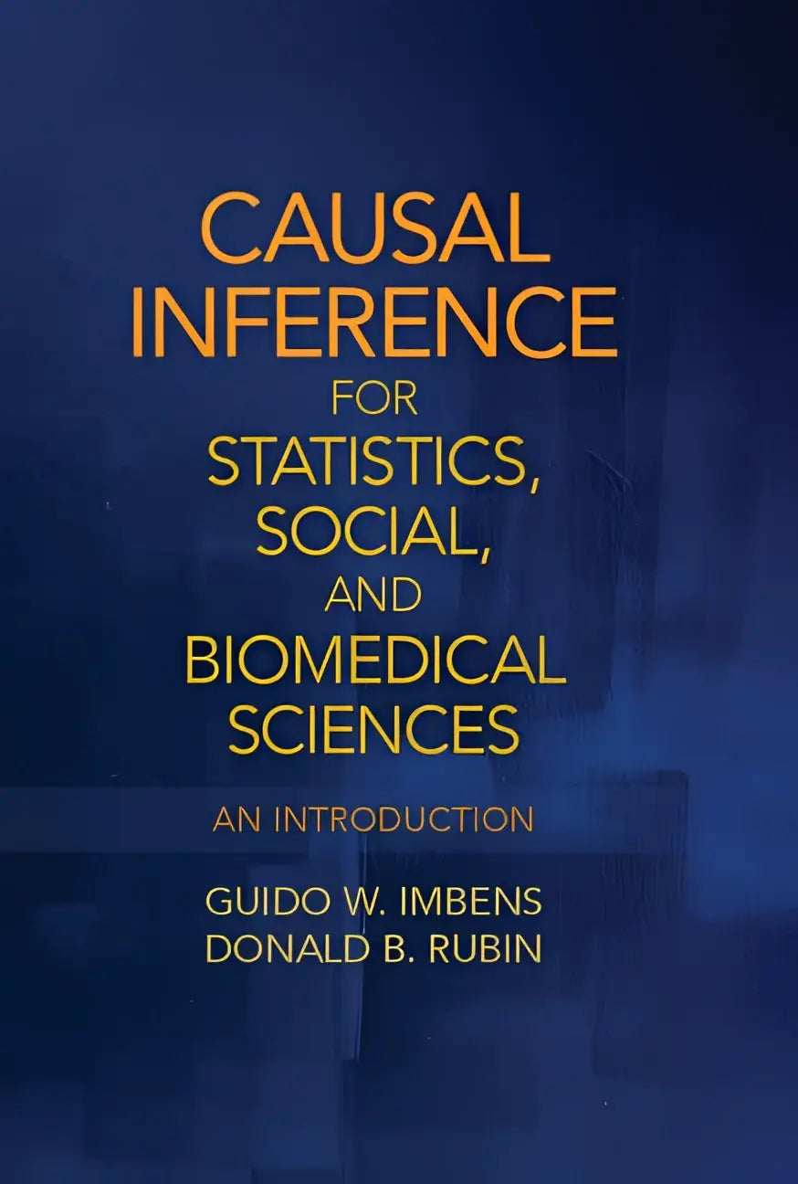 De boekcover toont causal inference voor statistics social en biomedical sciences in oranje op een blauw-textuur achtergrond