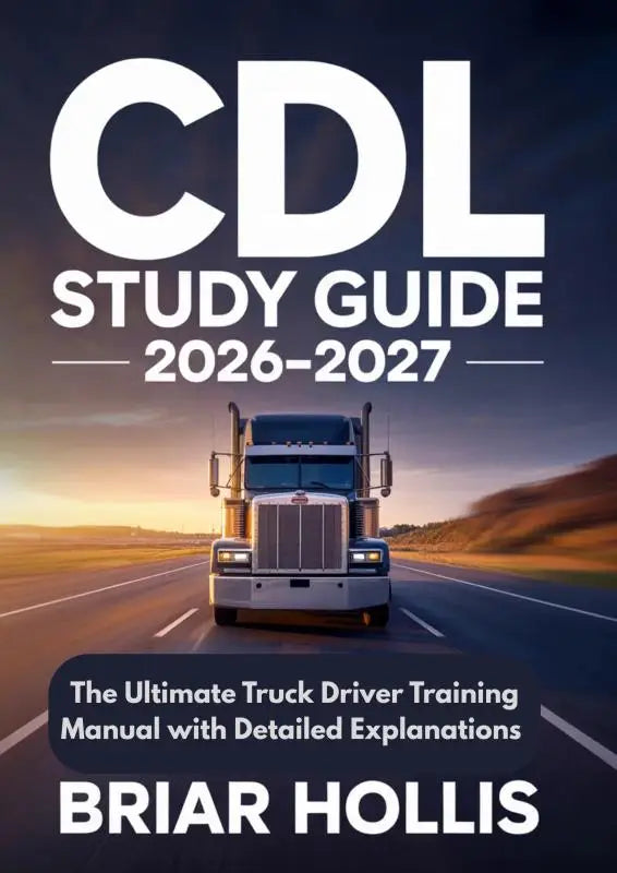 De cover van de cdl study guide 2026-2027 door briar hollis toont een witte semi truck op een snelweg bij zonsondergang voor truck driver training